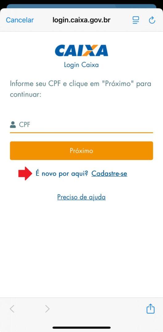 Print da área de criar nova conta no aplicativo do FGTS.