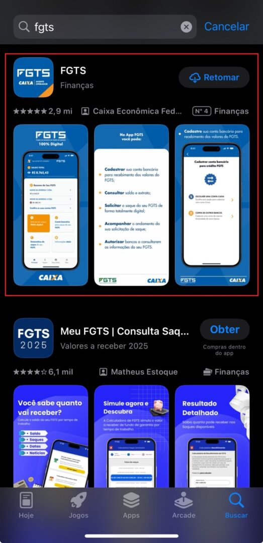 Print da loja de aplicativos da Apple, destacando como instalar o app do fgts.