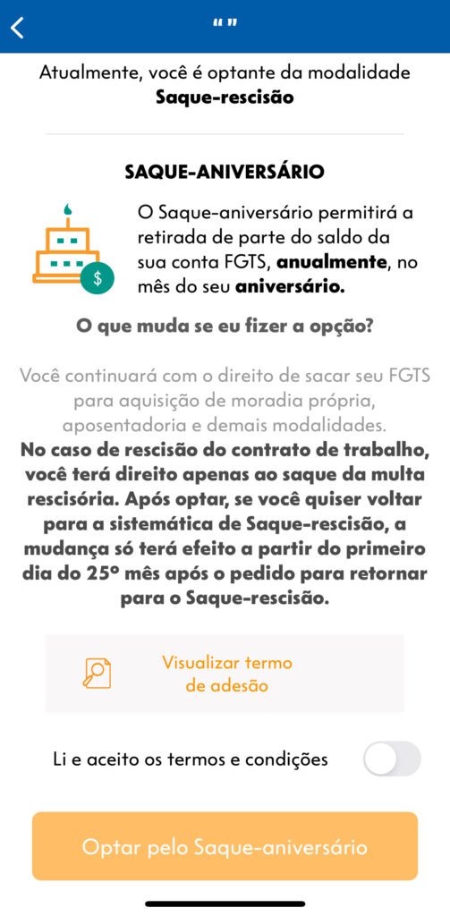 Print do aplicativo do fgts na área de opção pelo saque aniversário