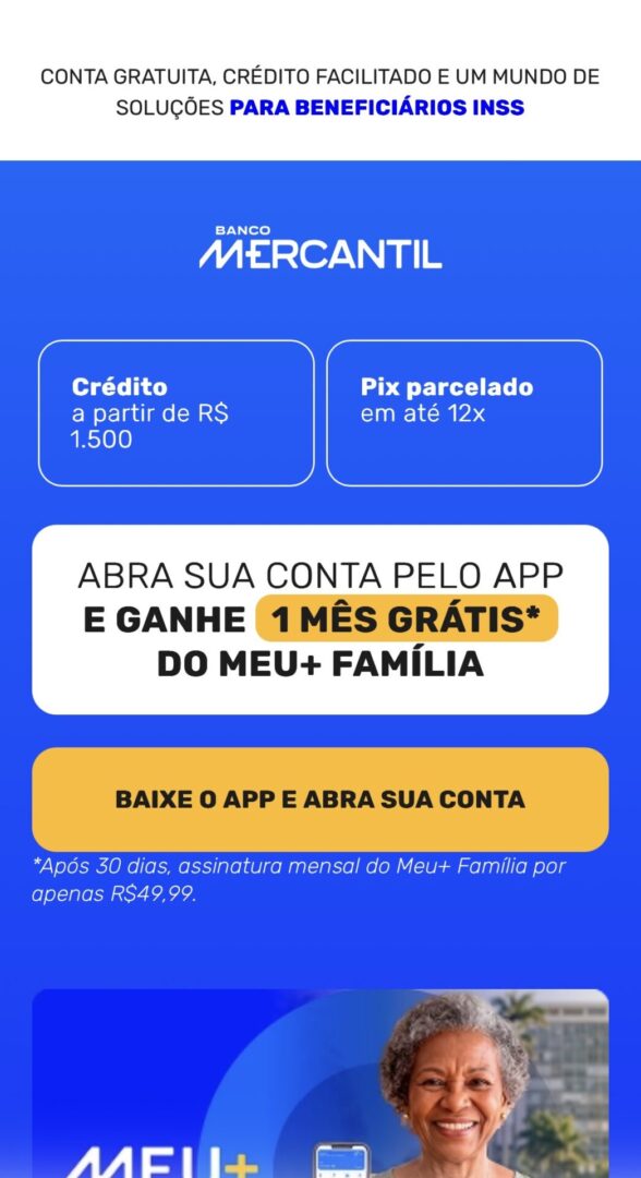 print da página de abertura de conta do banco mercantil, com destaque para o botão "baixe o app e abra sua conta"