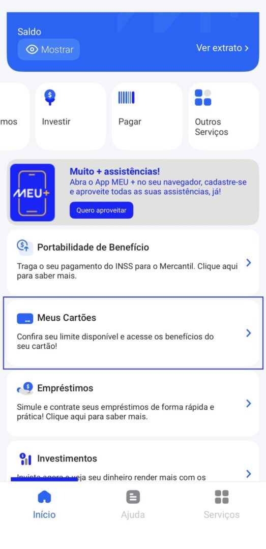 Print do aplicativo do banco mercantil com a área meus cartões em destaque