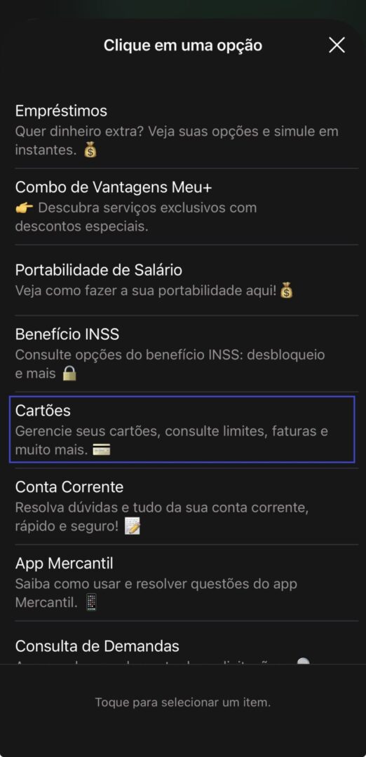 Print de uma conversa no WhatsApp do Banco Mercantil sobre contratar cartão consignado