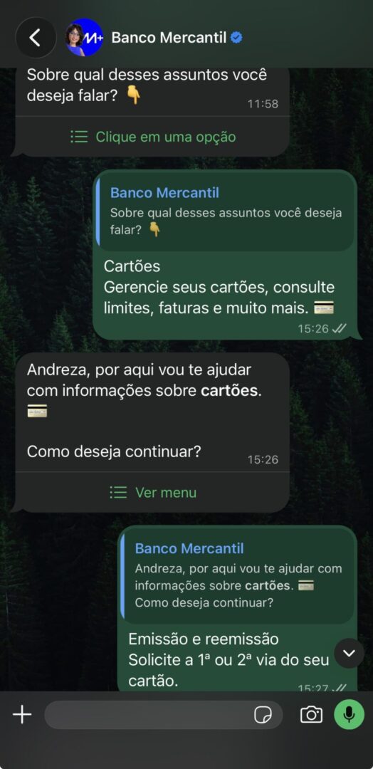 Print de uma conversa no WhatsApp do Banco Mercantil sobre contratar cartão consignado