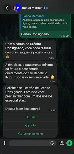 Print de uma conversa no WhatsApp do Banco Mercantil sobre contratar cartão consignado