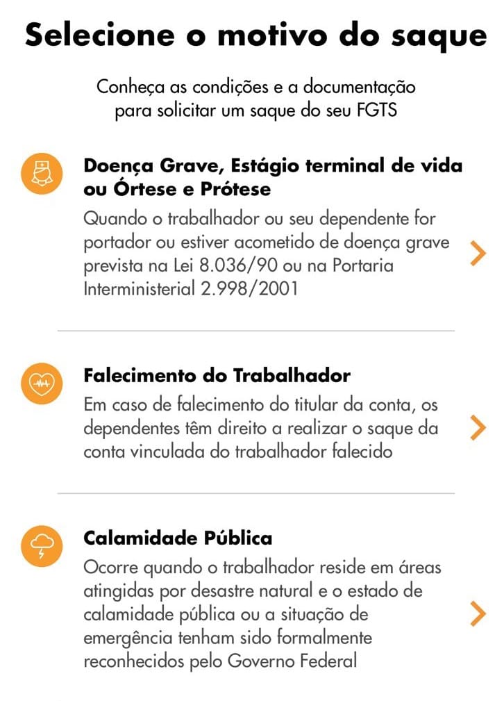 Print da tela do aplicativo do FGTS indicando as modalides de Calamidade Pública, Falecimento do Trabalhador e Doenças graves.