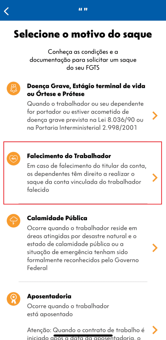Área do aplicativo do fgts para saque de fgts de pessoa falecida.