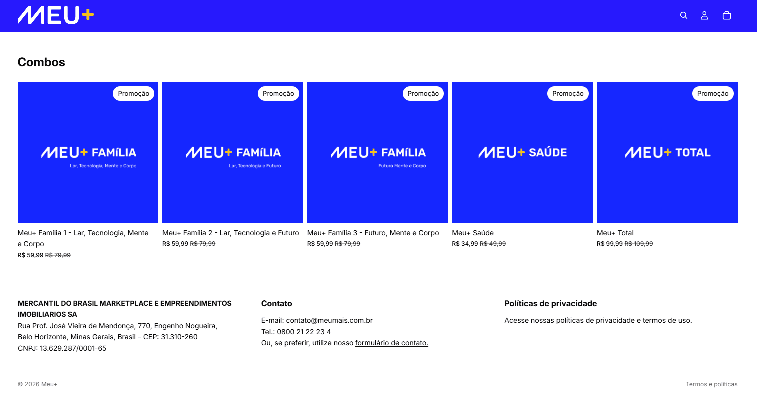 Print com todos os combos do Meu+: Meu+ Família, Meu+ Total e Meu+ Saúde