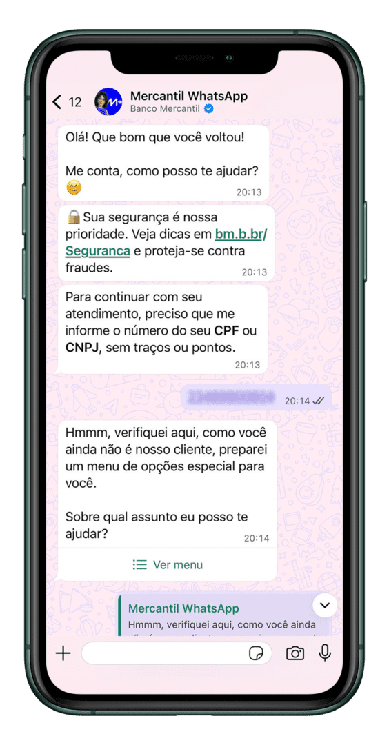 Print do WhatsApp do Mercantil com conversa sobre abertura de conta online