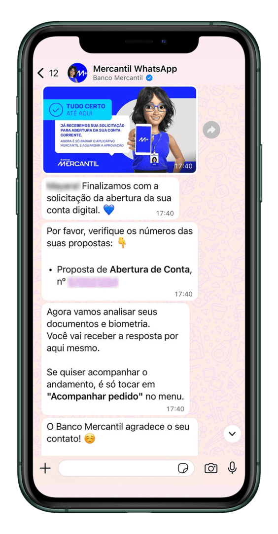 Print do WhatsApp do Banco Mercantil com a confirmação de abertura de conta