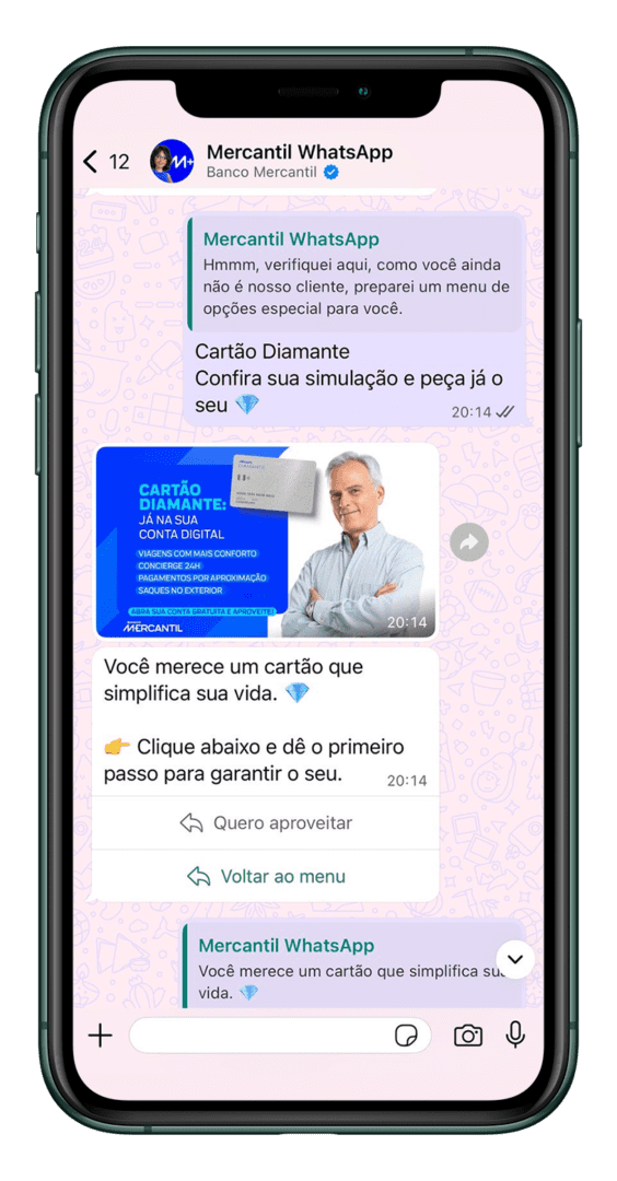 Print do WhatsApp do Banco Mercantil com tutorial de abertura de conta