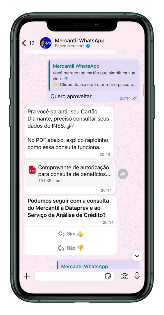 Print de uma conversa no WhatsApp do Banco Mercantil na opção de abertura de conta digital