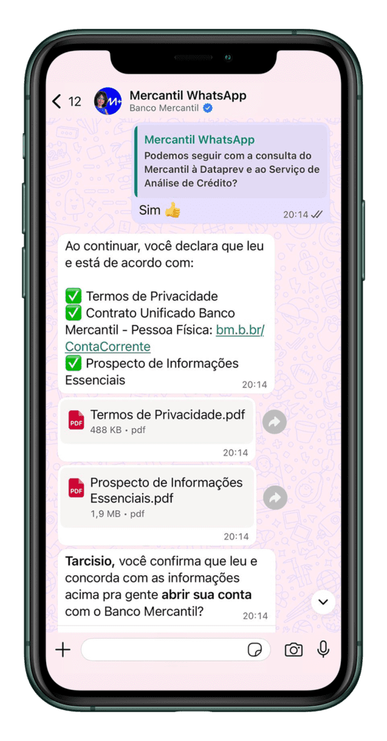 Print de uma conversa com a Mel do Mercantil para abertura de conta