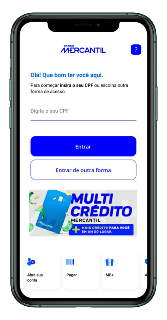 Print do aplicativo do Banco Mercantil na tela de abertura de conta