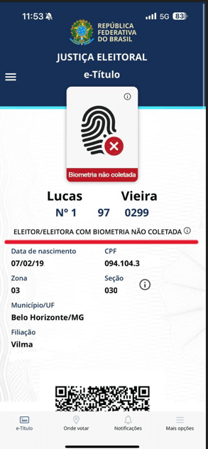 Print do Aplicativo do Título de Eleitor indicando se a biometria está cadastrada.