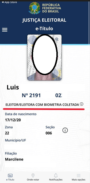 Print do Aplicativo do Título de Eleitor indicando se a biometria está cadastrada.