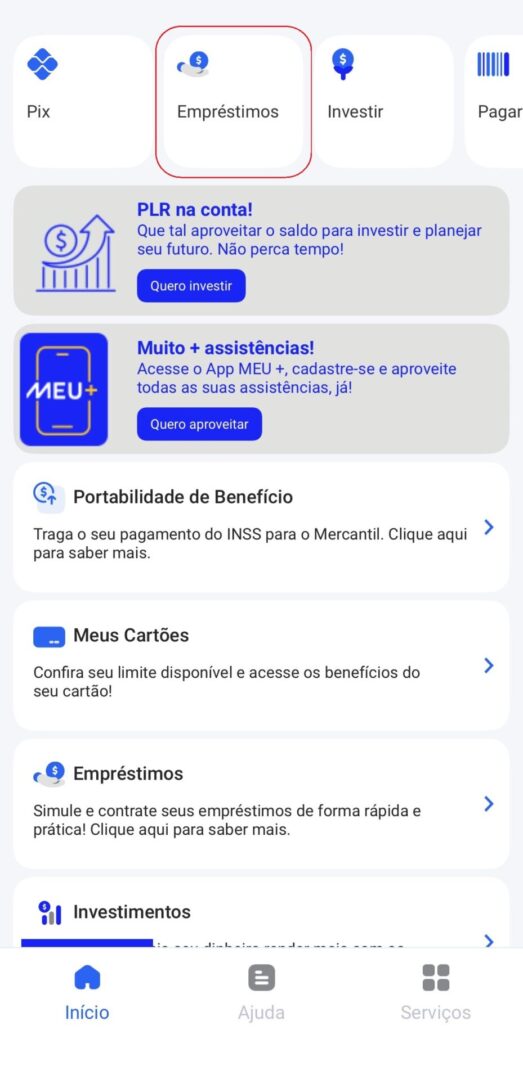 Print app mercantil com destaque para a área de empréstimos.