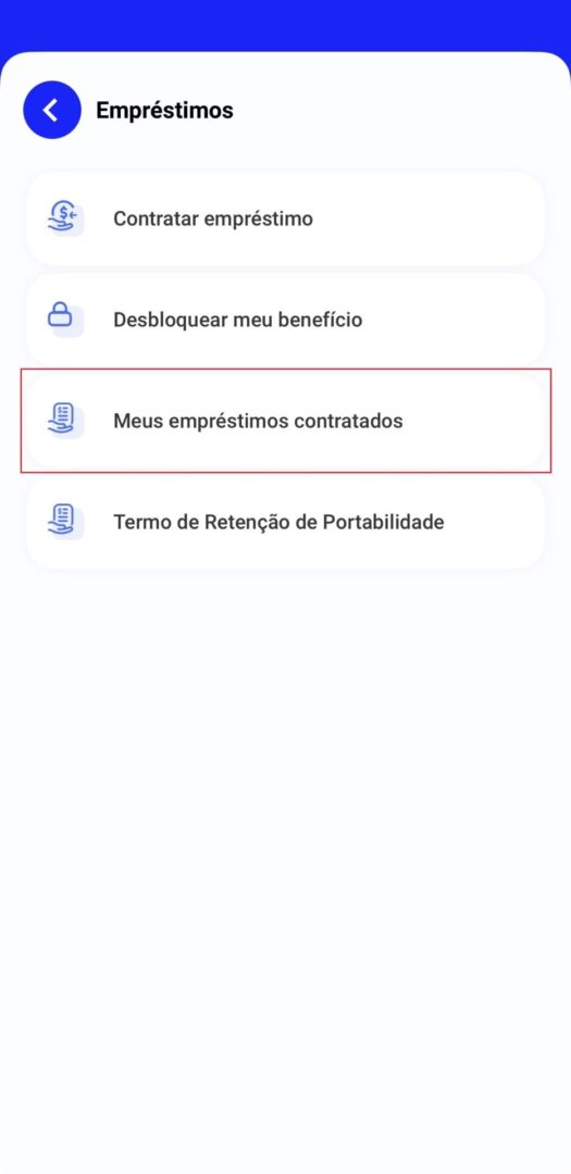 Print do app do banco mercantil com destaque para a área de consultar empréstimos