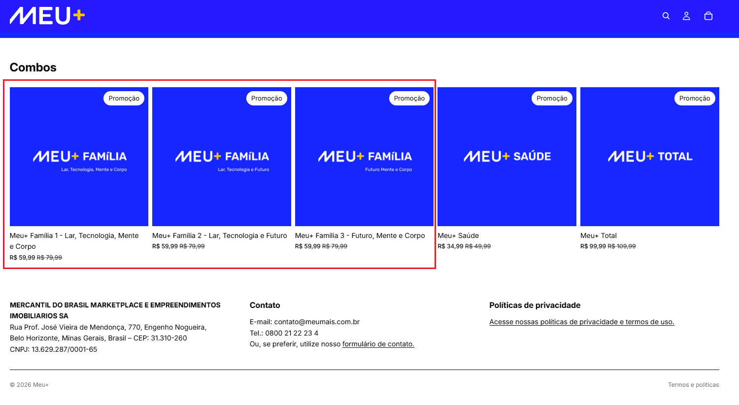 Print da área de contratação destacando os combos do Meu+ Família