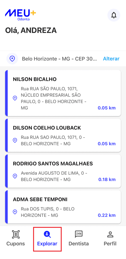 Tela Explorar do aplicativo Meu+ Odonto