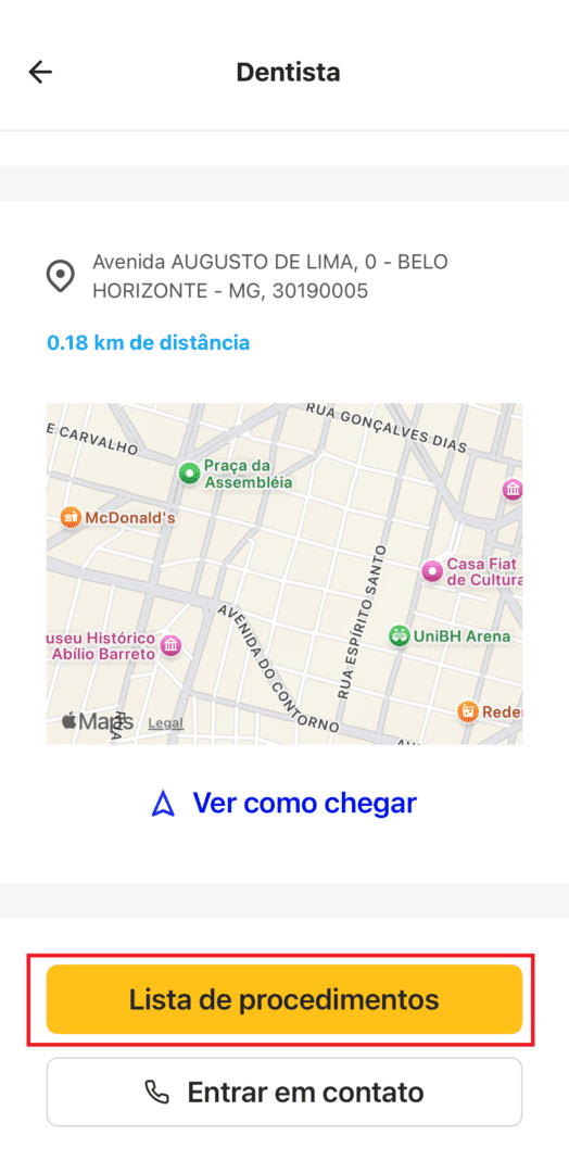 Tela de procedimentos do aplicativo Meu+ Odonto