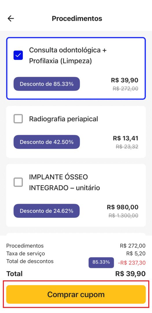 Tela de procedimentos do aplicativo Meu+ Odonto
