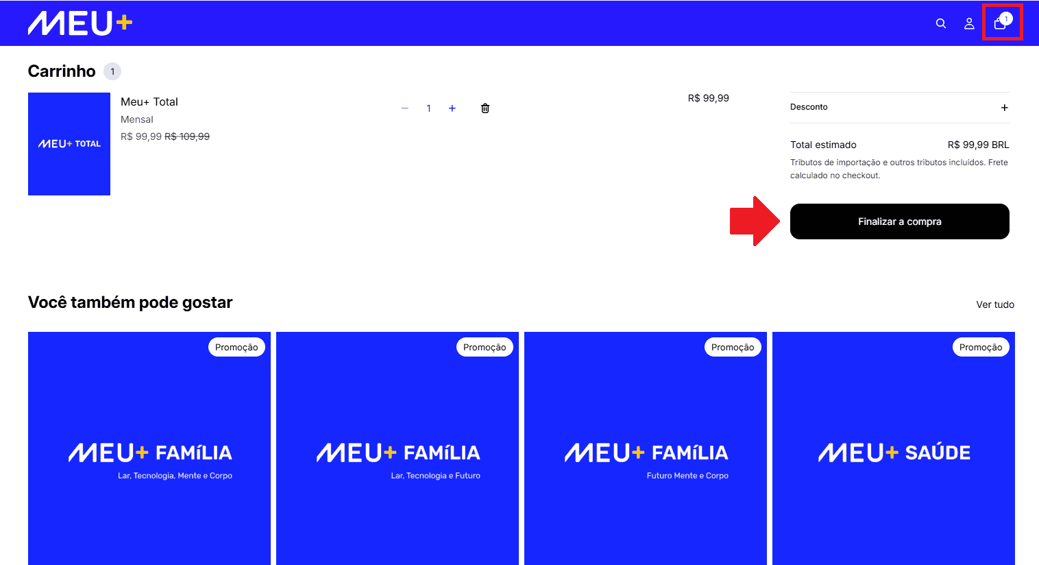Print da área de contratação do Meu+ Total no site oficial do Meu+ com as áreas de finalizar compra e carrinho em destaque.