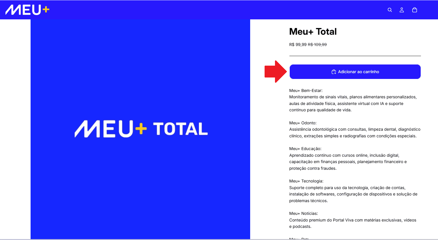 Print da tela de contratação do Meu+ Total no site oficial.